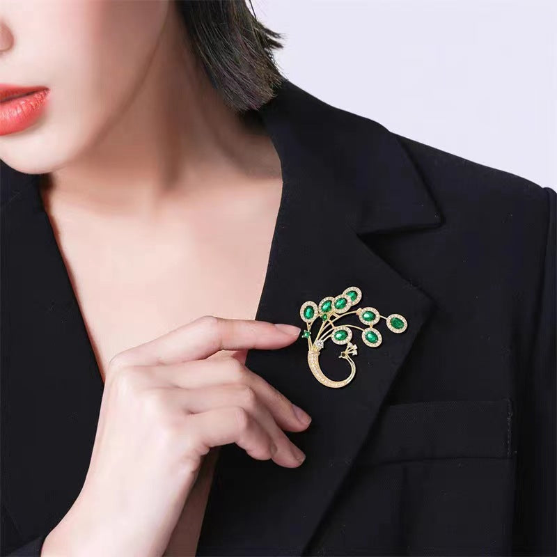 Peacock Brooch | French Green Crystal Pin | Vintage Luxury