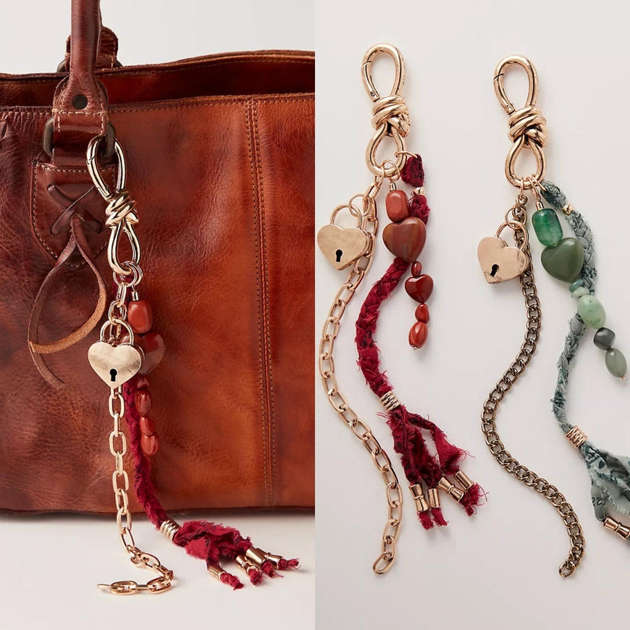 Vintage Heart  Stone Bag Charms Bohemian Tassel Keychain