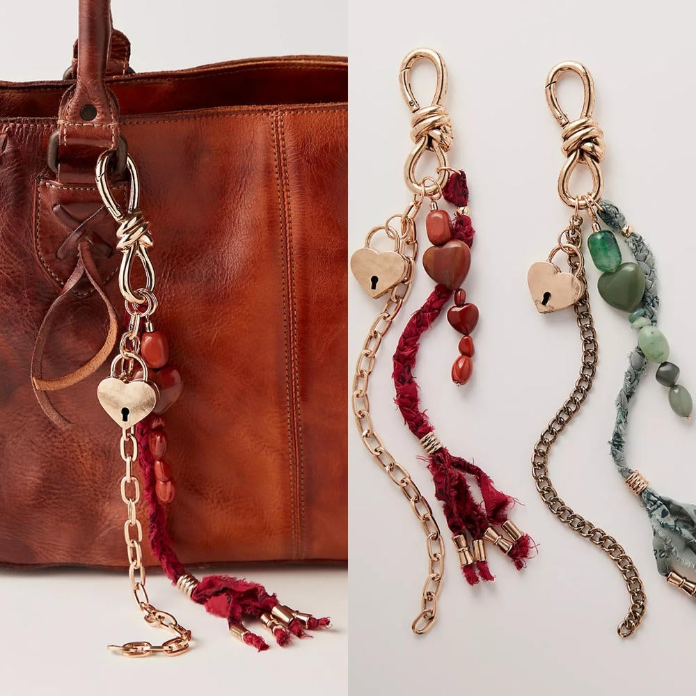 Vintage Heart  Stone Bag Charms Bohemian Tassel Keychain