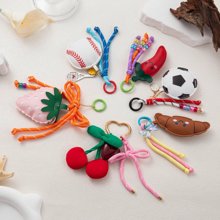 Cute PU Leather Cherry Chili Soccer Bow Keychain Bag Charm