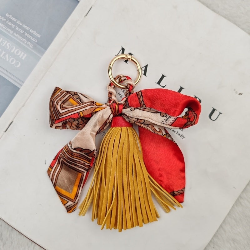 Leather Tassel Keychain | Bow Scarf Charm for Purses