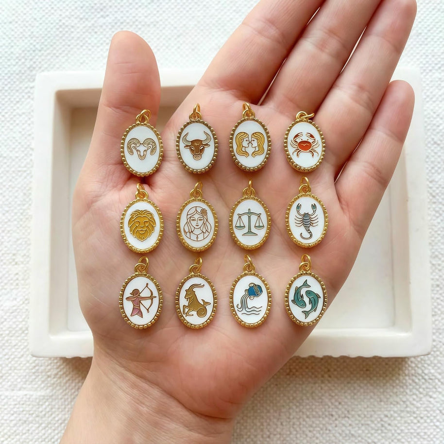 European Oval Zodiac Pendant Steel 18K Gold Plated Women