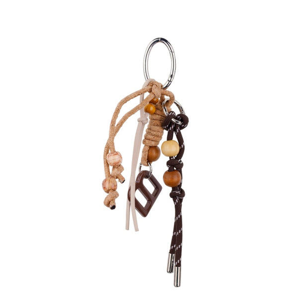 Charm Keychain with Leather Rope Natural Wood Beads