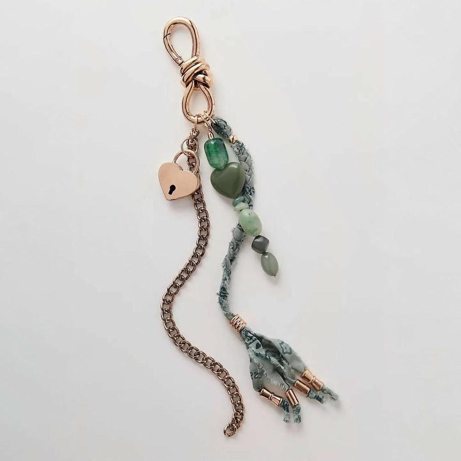 Vintage Heart  Stone Bag Charms Bohemian Tassel Keychain