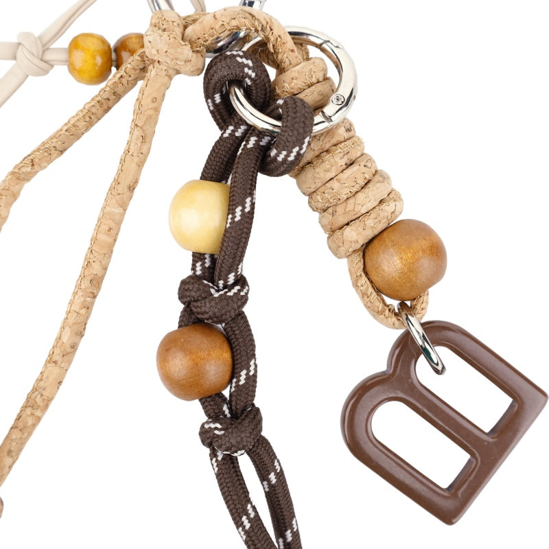 Charm Keychain with Leather Rope Natural Wood Beads