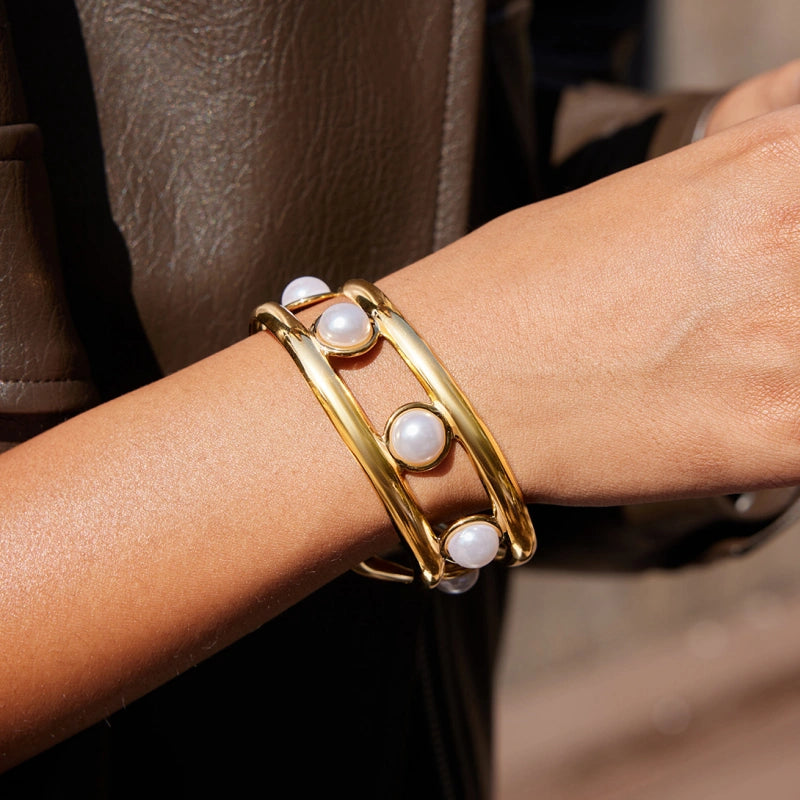 Adjustable Pearl Cuff | Versatile Stainless Steel Bracelet