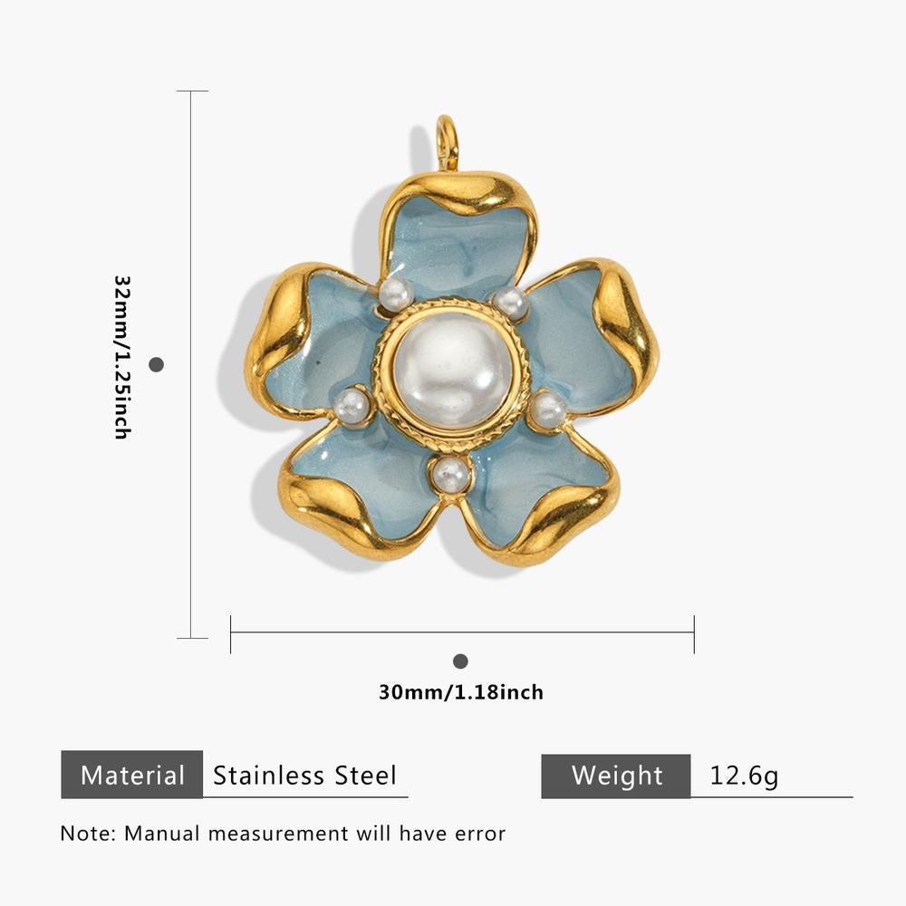 European Steel Flower Leaf Enamel Pendant 18K Gold Plated