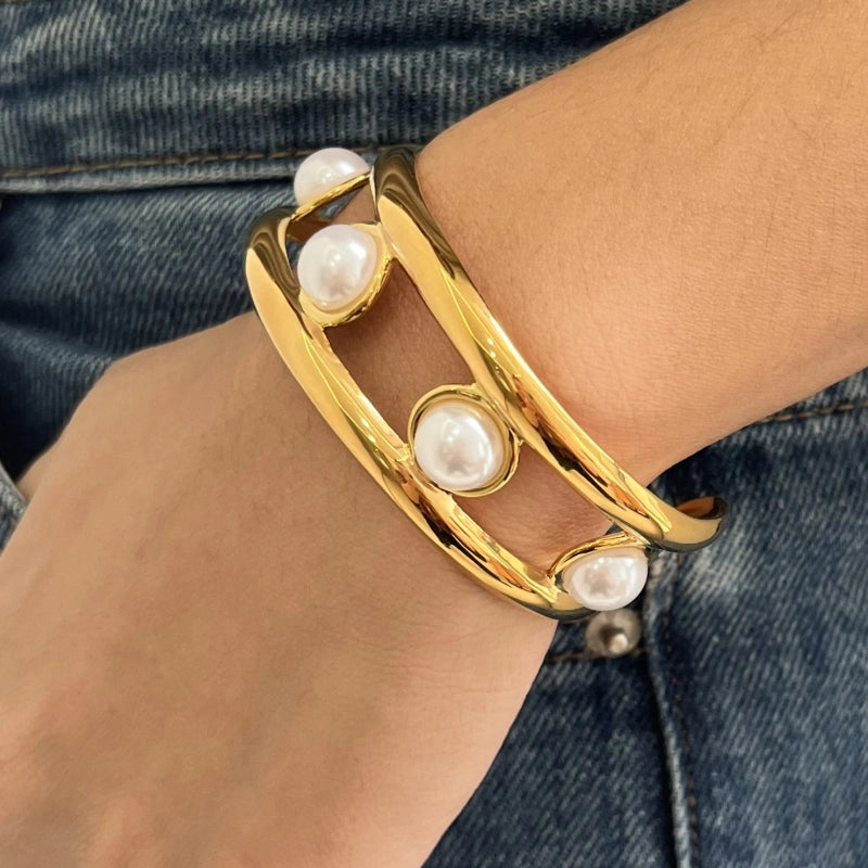 Adjustable Pearl Cuff | Versatile Stainless Steel Bracelet