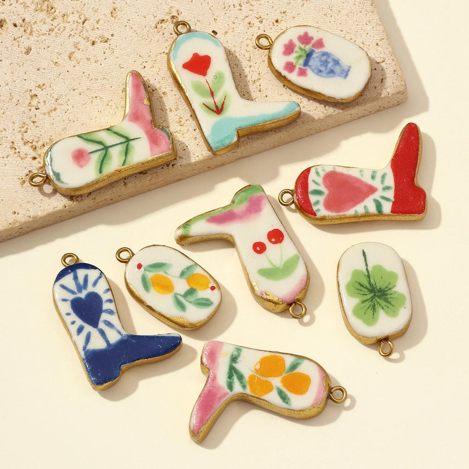 Ceramic Boot Pendant | Unique Texture Four Leaf Clover Charm