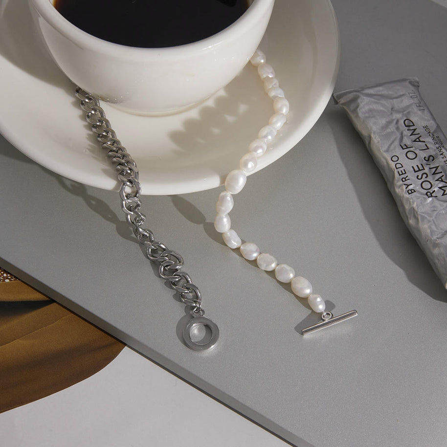 Pearl Necklace | Long Layered Chain | Stainless Steel