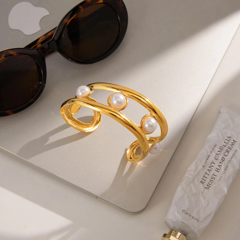 Adjustable Pearl Cuff | Versatile Stainless Steel Bracelet