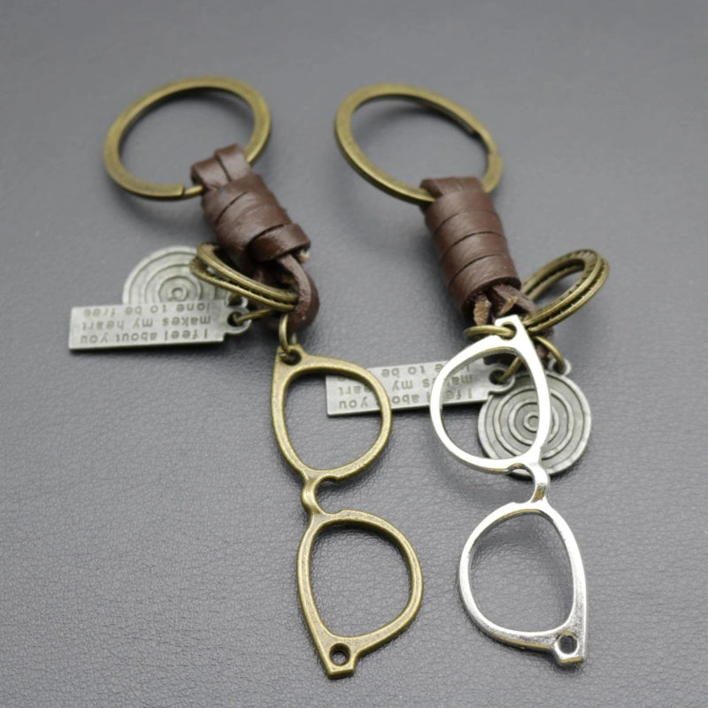 Vintage Eyeglasses Keychain | Braided Leather Novelty Key Fob