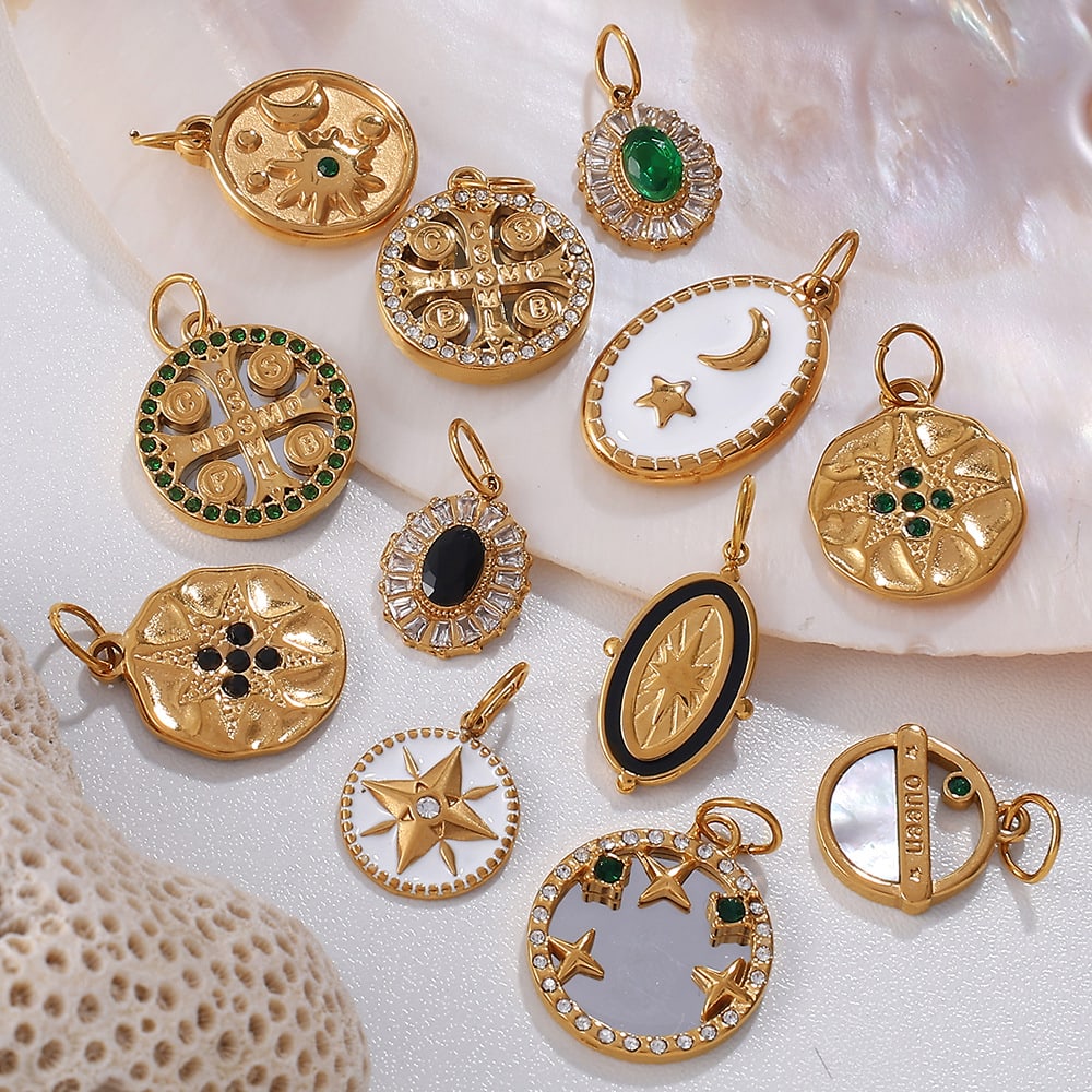 French Retro Starfish Round Necklace Pendant Rhinestones