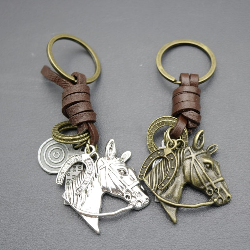 Vintage Horse Head Keychain | Braided Leather Mens Gift