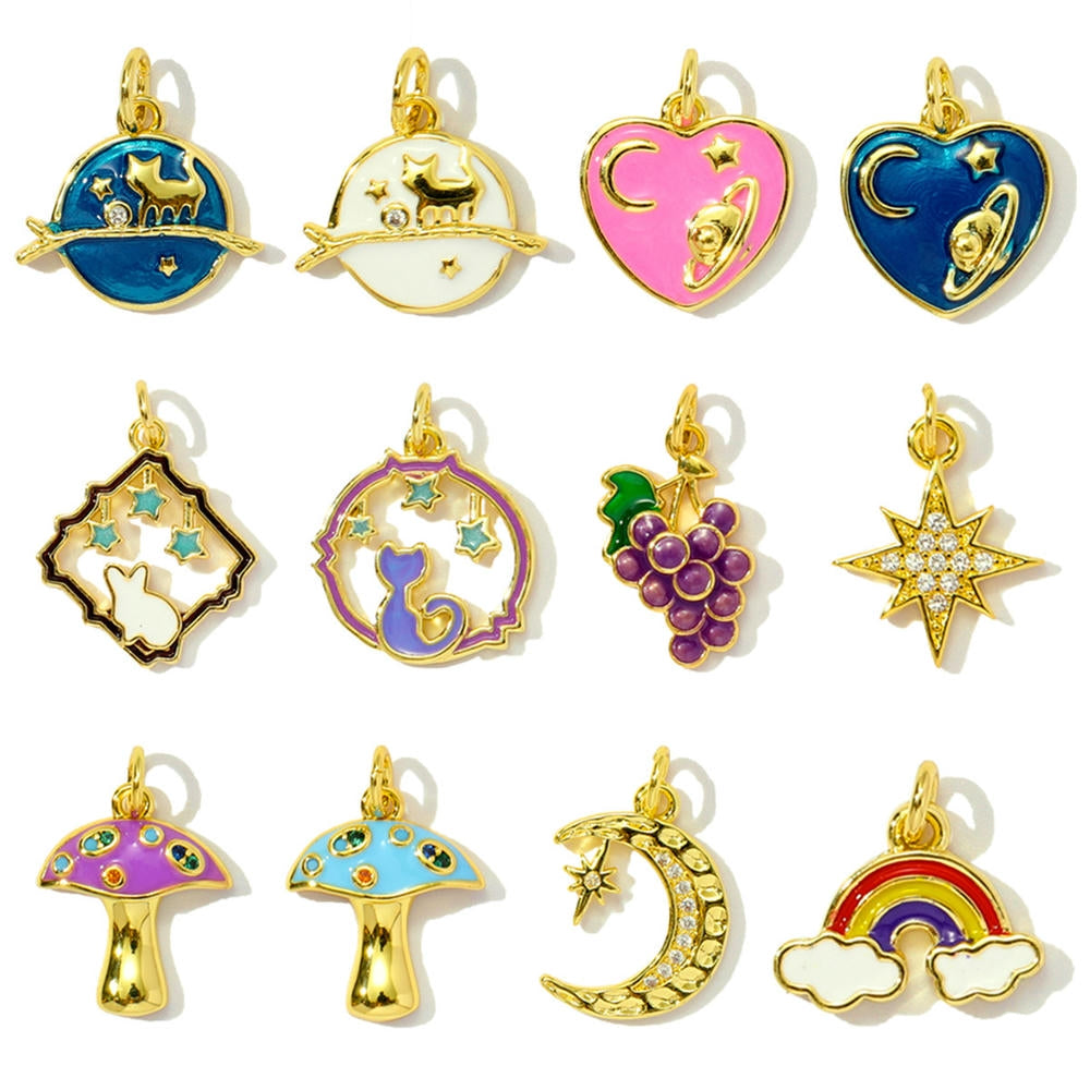 Fantasy Planet Cat Pendant | Enamel Rainbow Mushroom Charm
