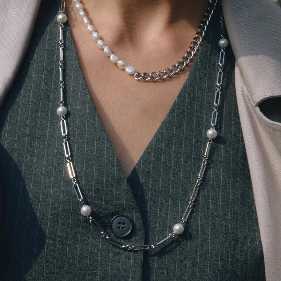 Pearl Necklace | Long Layered Chain | Stainless Steel