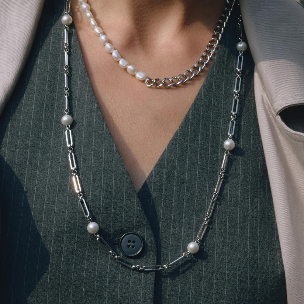 Pearl Necklace | Long Layered Chain | Stainless Steel