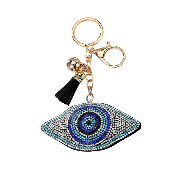 Evil Eye Keychain | Rhinestones Blue Charm | Leather Tael