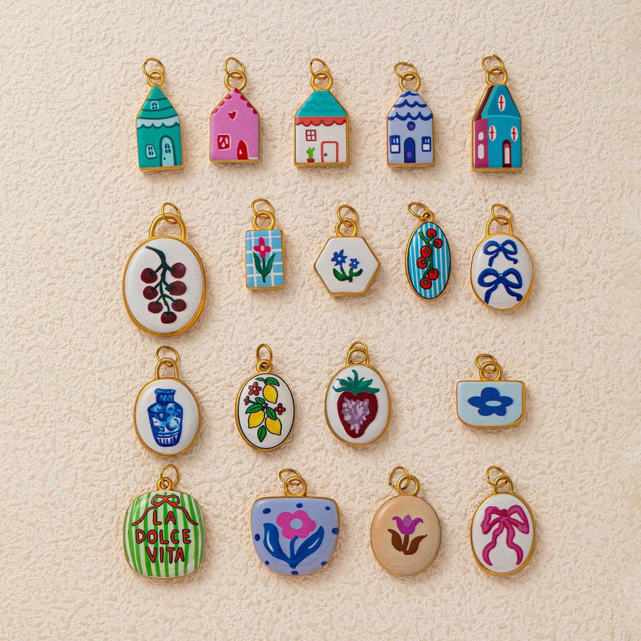 Oval Enamel Flower House Pendant DIY Charm Jewelry JX253203GK