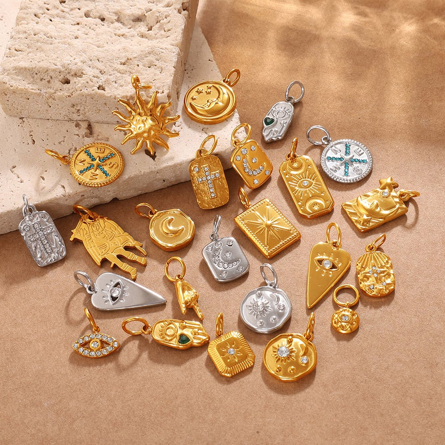 DIY Sun Moon Eye Charm Pendant Steel 18K Gold Multi Style