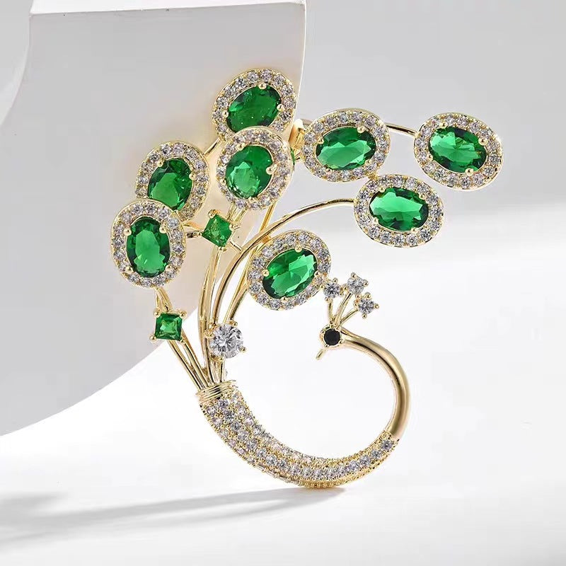 Peacock Brooch | French Green Crystal Pin | Vintage Luxury