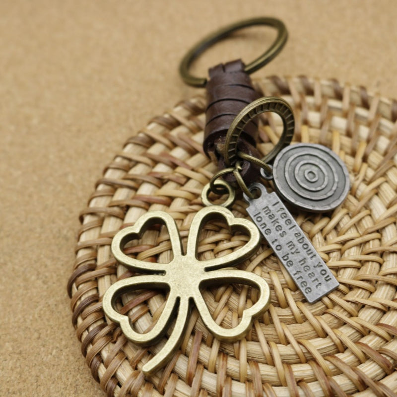 Four Leaf Clover Keychain | Braided Leather Mens Gift