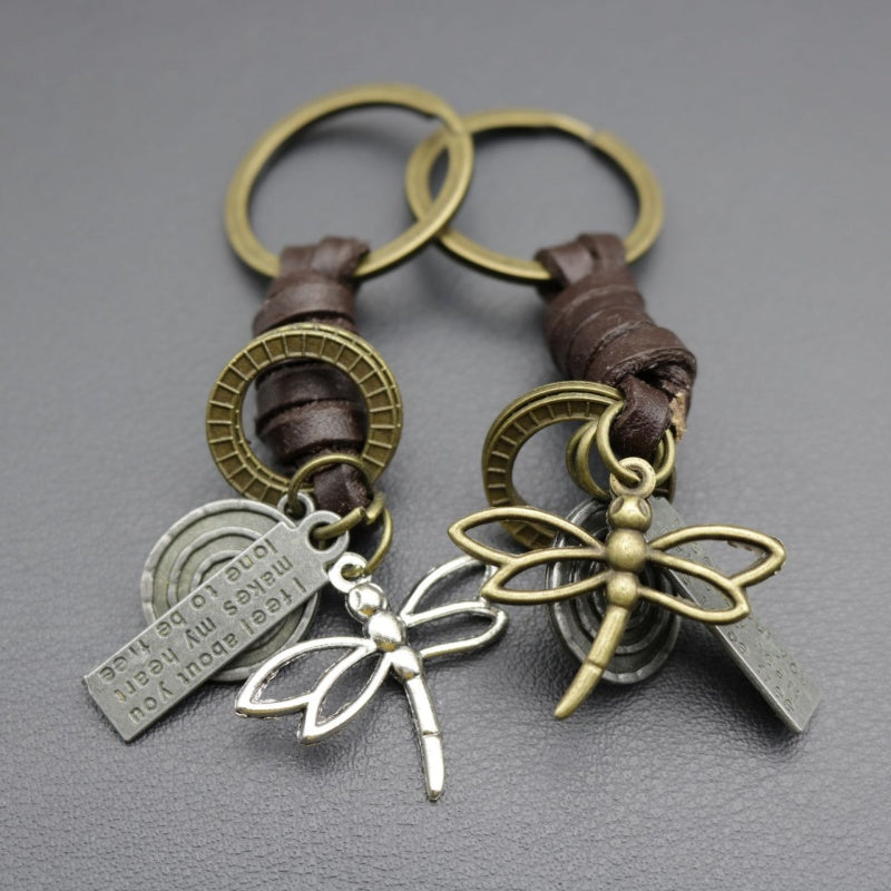 Vintage Dragonfly Keychain | Braided Leather Mens Accessory