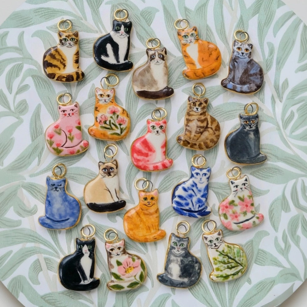 Cute Cat Ceramic Enamel Pendant Steel DIY Jewelry Wholesale