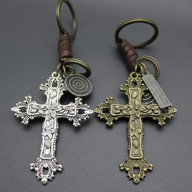 Bronze Cross Keychain | Retro Knitting Leather Mens Gift
