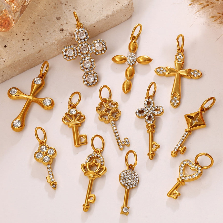 Individuality Key Cross Pendant Steel 18K Gold CZ Multi Style