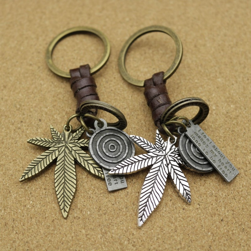 Antique Copper Leaf Keychain | Braided Leather Accessory