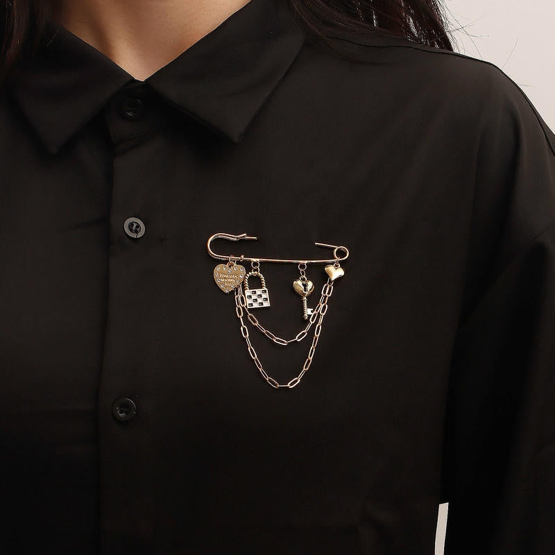 Check Key Heart Brooch | Vintage Multi-Element Lapel Pin