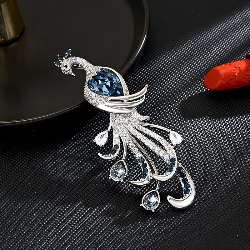 Zircon Peacock Brooch | Blue Gemstone Pin | Chinese Style