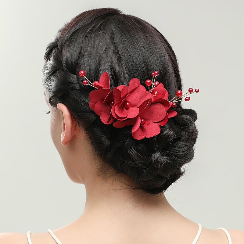 Red Floral Bridal Hair Comb | Pearl Wedding Hair Accessory
