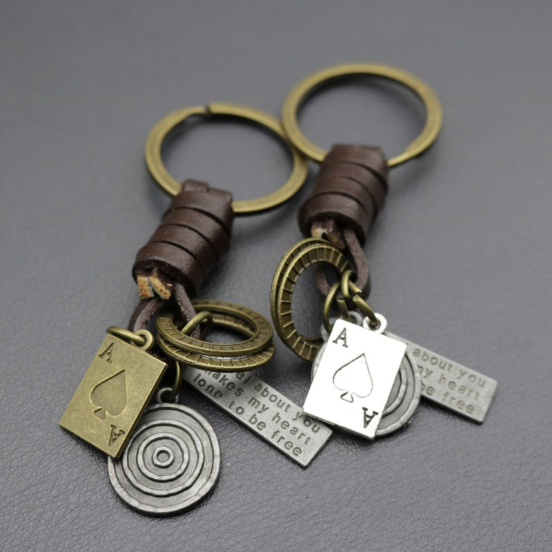 Antique Copper Keychain | Braided Leather Poker Key Fob