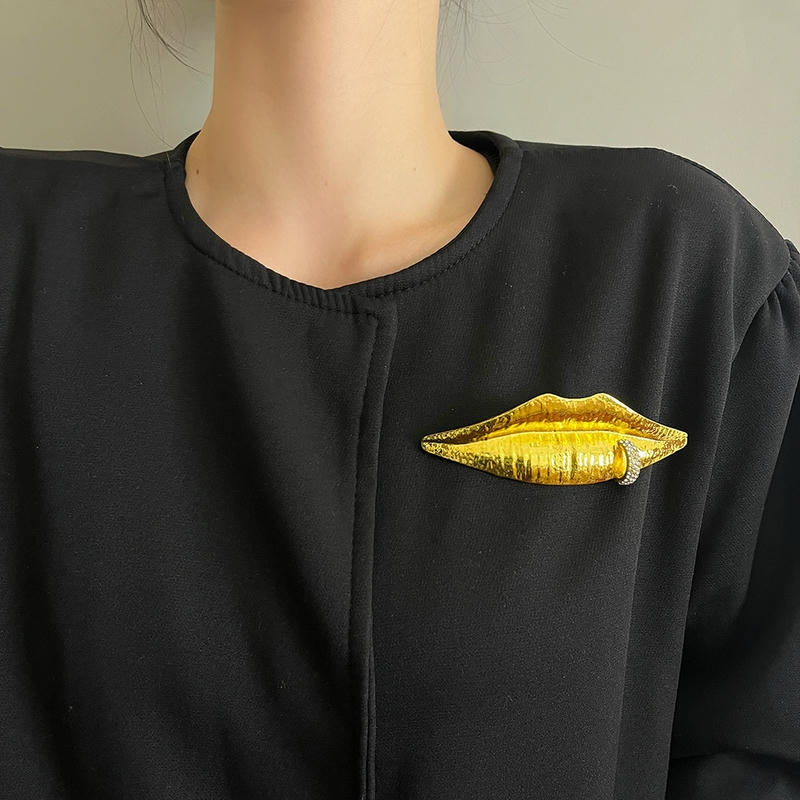 Textured Lip Brooch | Rhinestone Statement Pin for Blazers