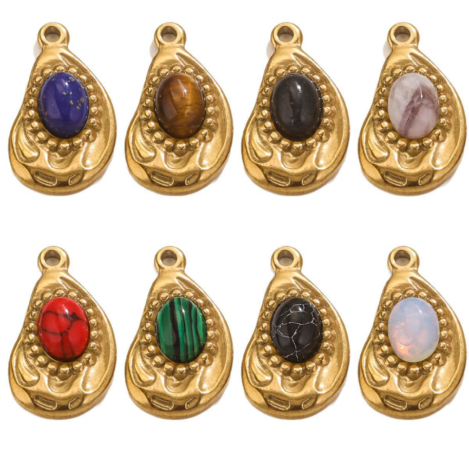 Bohemian Natural Stone Pendant Steel 18K Gold Irregular Oval