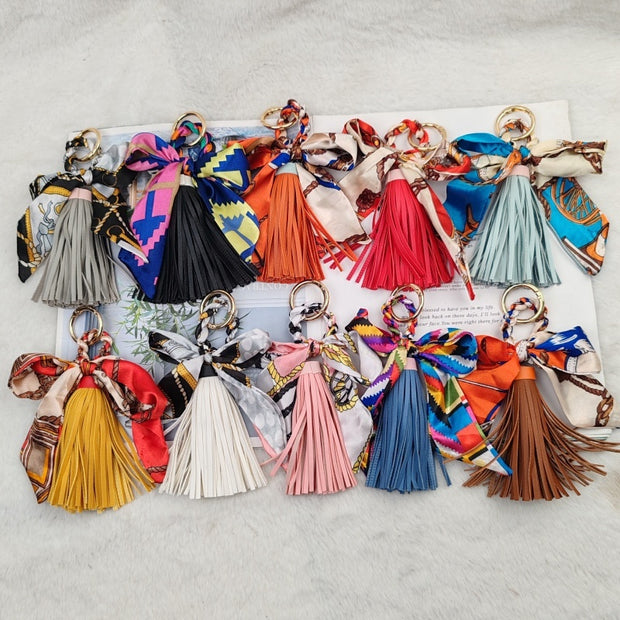 Leather Tassel Keychain | Bow Scarf Charm for Purses