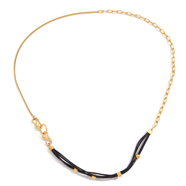 Two-Section Vintage Necklace | Black  Wax Cord & Steel Chain