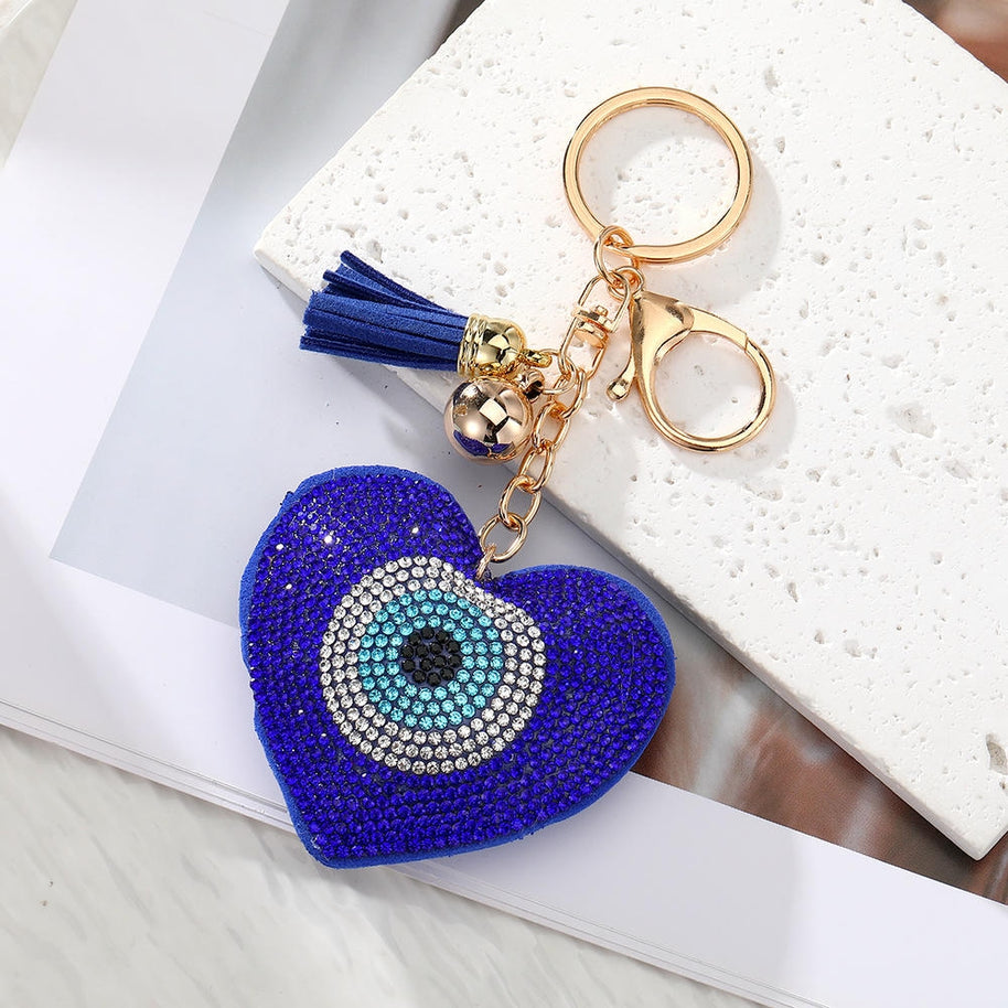 Evil Eye Keychain | Rhinestones Blue Charm | Leather Tael