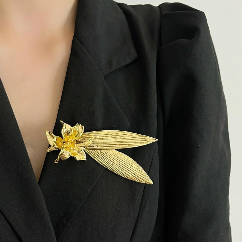 Oversized Iris Brooch | Metal Leaf Statement Pin for Coats
