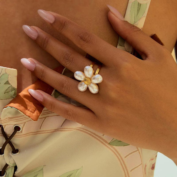 Pearl Flower Open Ring