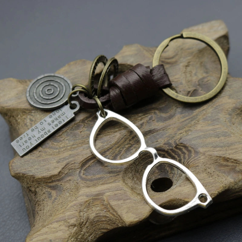 Vintage Eyeglasses Keychain | Braided Leather Novelty Key Fob