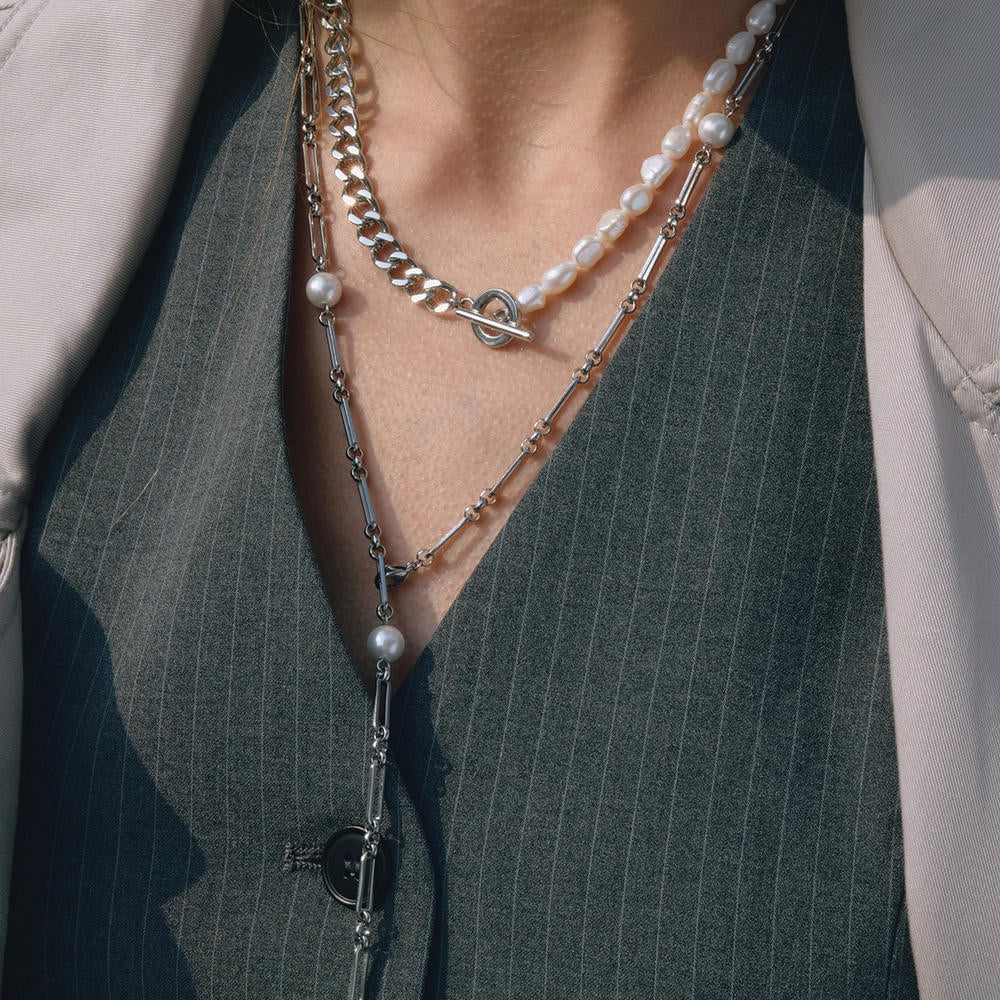 Pearl Necklace | Long Layered Chain | Stainless Steel