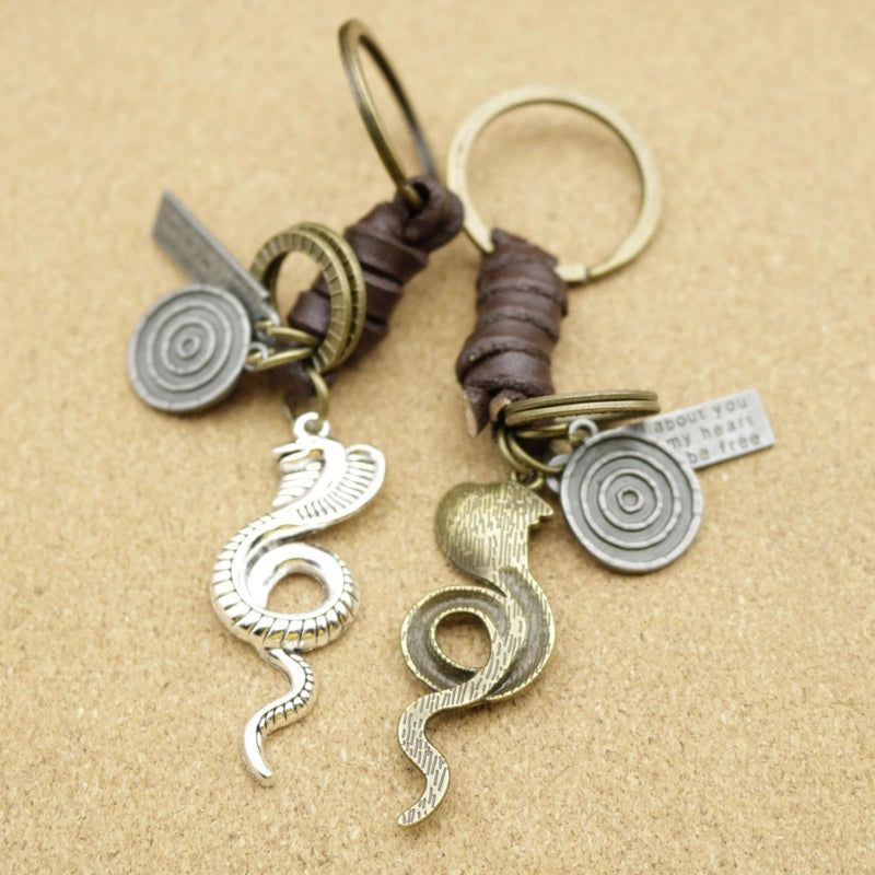Cobra Metal Keychain | Braided Leather Vintage Key Fob