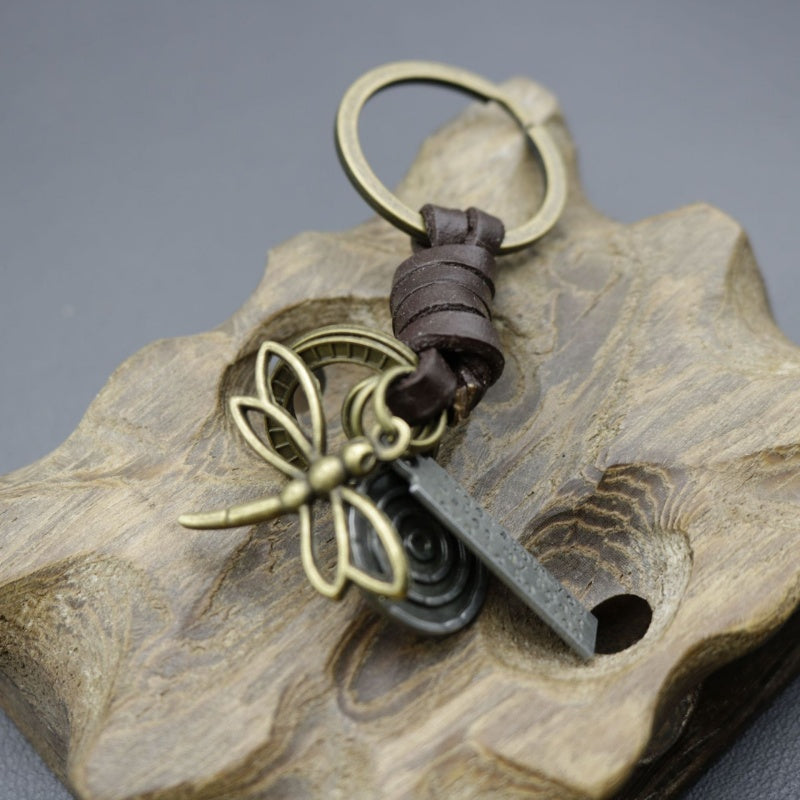 Vintage Dragonfly Keychain | Braided Leather Mens Accessory
