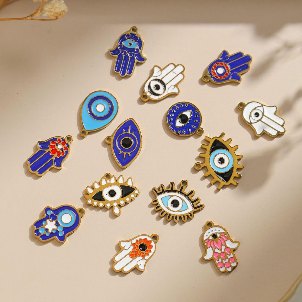 304 Steel Evil Eye Hamsa Pendant 18K Gold Enamel DIY