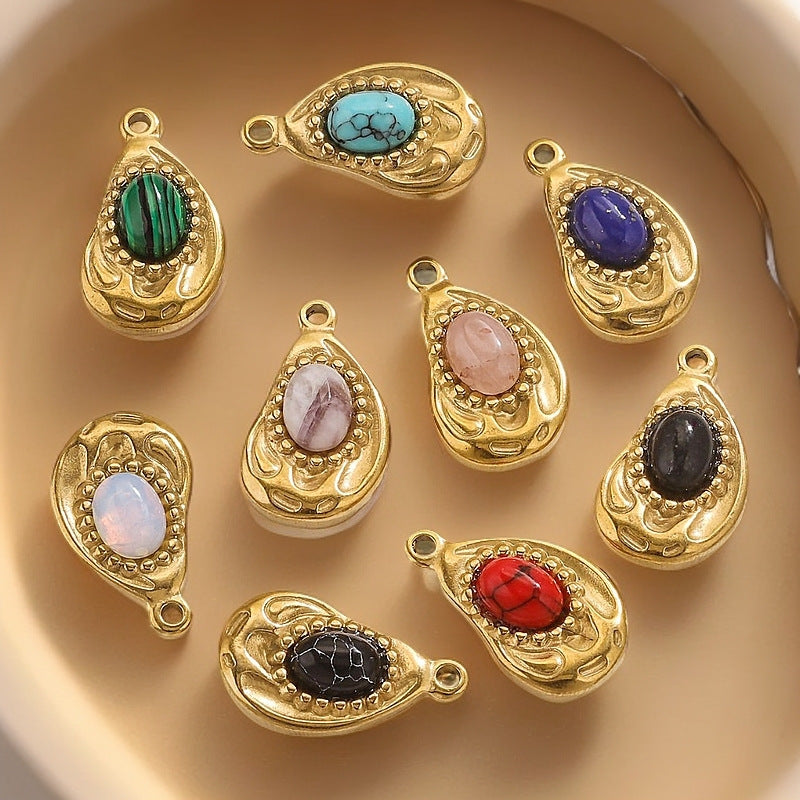 Bohemian Natural Stone Pendant Steel 18K Gold Irregular Oval