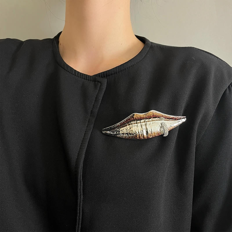 Textured Lip Brooch | Rhinestone Statement Pin for Blazers