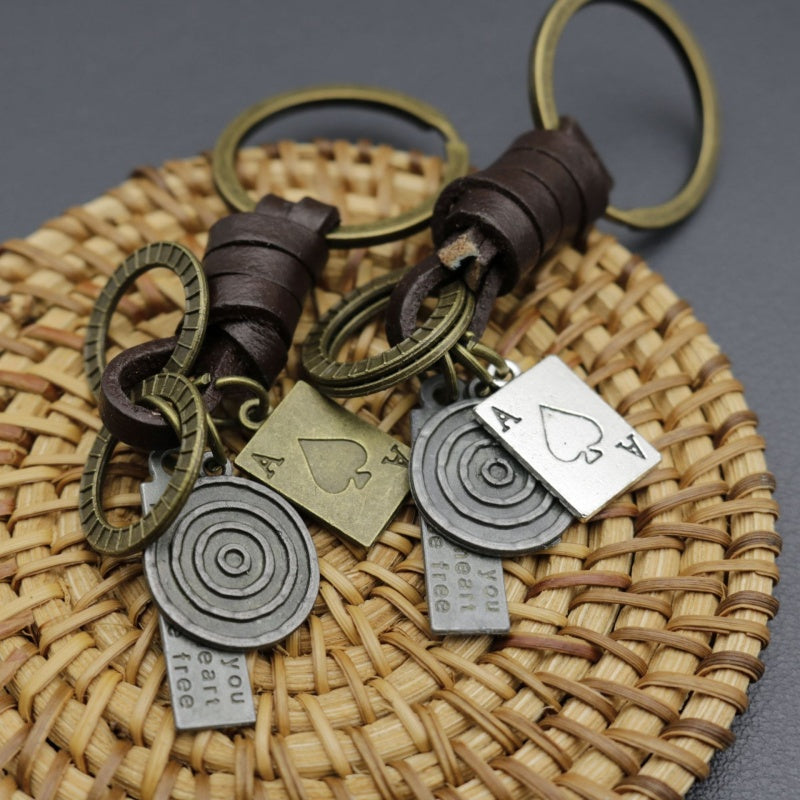 Antique Copper Keychain | Braided Leather Poker Key Fob